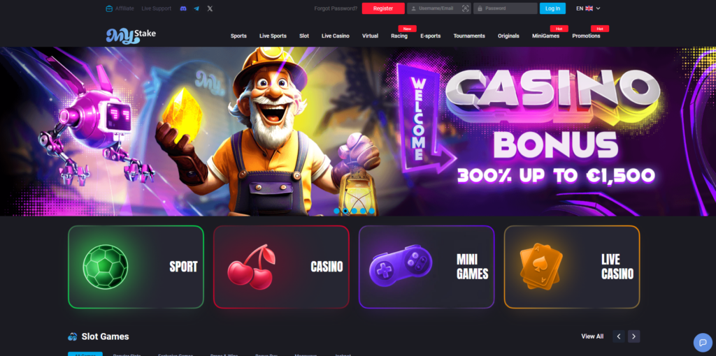 MyStake casino and sportsbook homepage interface