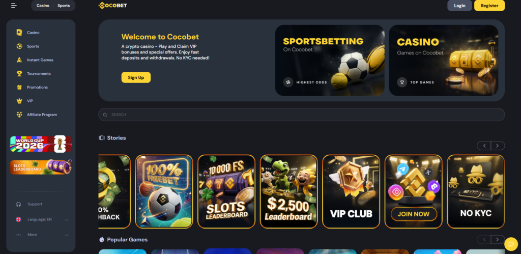 CocoBet casino homepage showing crypto-first interface and welcome offer