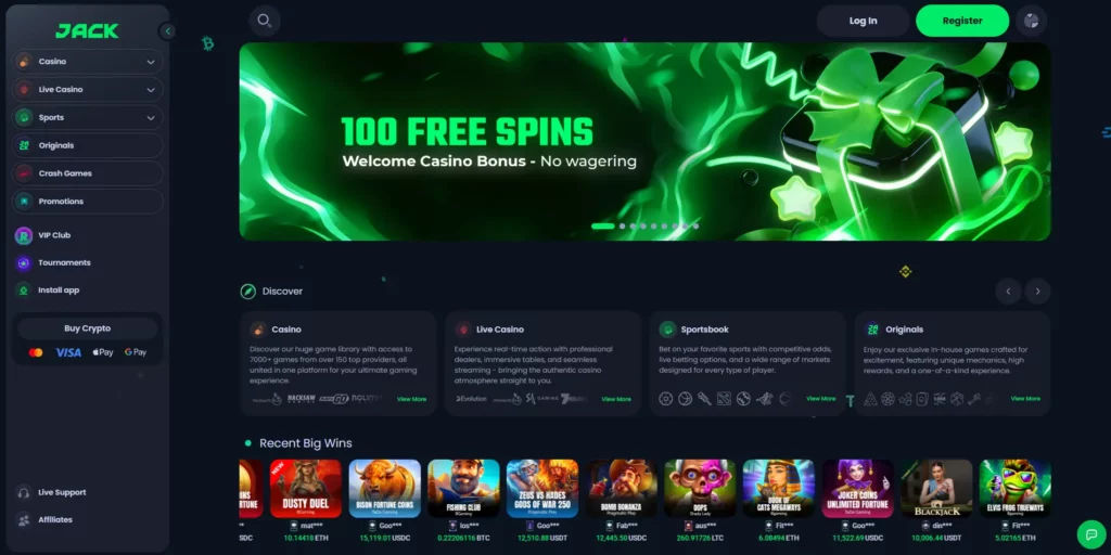 JACK casino homepage at jack.com showing crypto sportsbook and casino interface